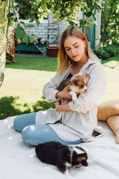 blonde girl sitting on blanket in garden with adorable puppies at sunny day - Photo, Image