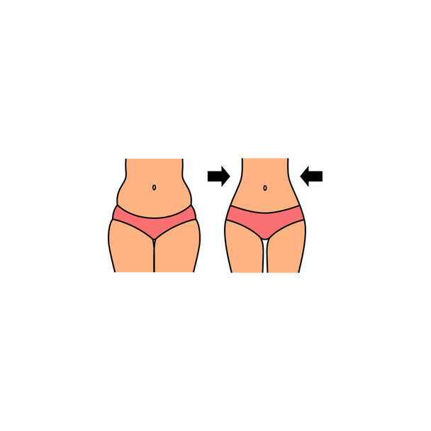 Corpo femminile, pancia e cosce, grasso e sottile cartone animato vettoriale colorato con linea modificabile. Corpo femminile con pancia, prima e dopo, magro e grasso
. - Vettoriali, immagini