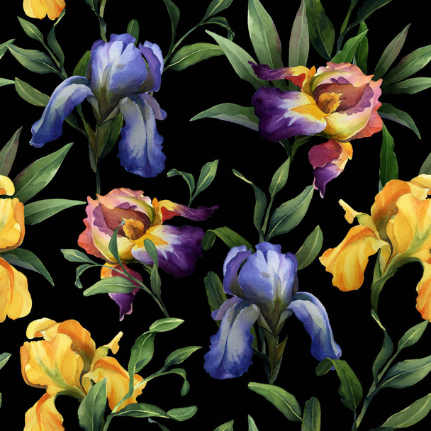 watercolor seamless pattern with purple, yellow and blue iris fl - Foto, Imagen