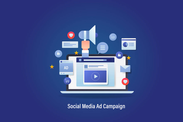 Sosyal medya pazarlama, Pazarlama kampanyası, Influencer pazarlama ağı, simgeler ile vektör afiş  - Vektör, Görsel