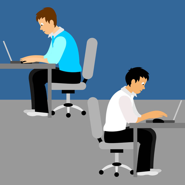 zwei Geschäftsleute, die an Computern arbeiten. Geschäftsmann, der auf einem Bürostuhl sitzt. Vektorflache Abbildung. - Vektor, Bild