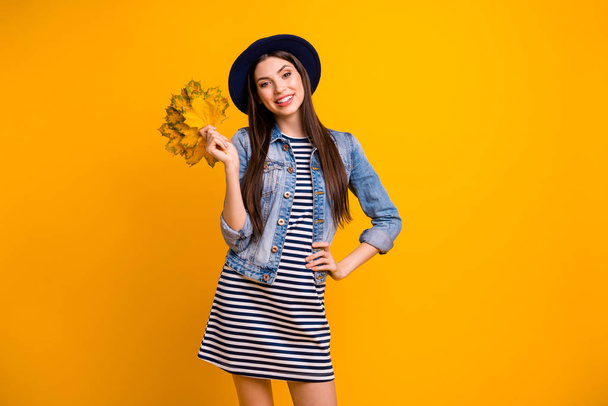 Portrait of her she nice-looking charming cute attractive lovely feminine confident cheerful cheery straight-haired lady holding in hand leaves isolated over bright vivid shine yellow background - 写真・画像