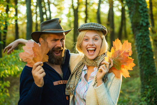 Autumn couple on fall nature background. People in love on Autumn background. Hello Autumn. - Foto, afbeelding