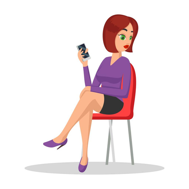 Young pretty woman sitting on chair and holding smartphone. - Vector, Image