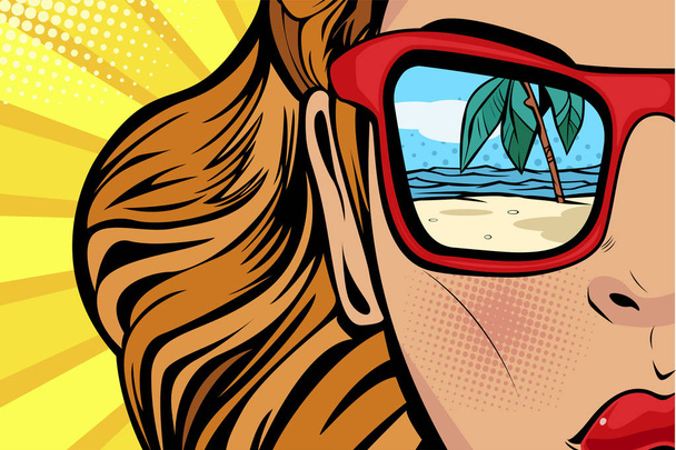 Η γυναίκα με την παραλία και τη θάλασσα αντανάκλαση το καλοκαίρι. Γυναικείο πρόσωπο για ταξιδιωτικά καταστήματα. Απεικόνιση διανυσματικού τύπου σε ρετρό κόμικ. - Διάνυσμα, εικόνα