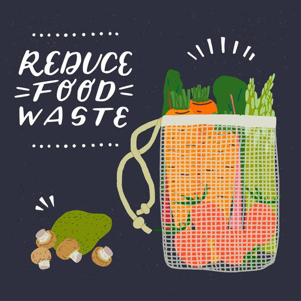 Reducir el desperdicio de alimentos con letras y verduras en bolsa neta
 - Vector, imagen