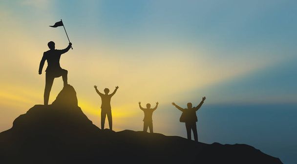Groep mensen op de bergen top in de winnaar poseren. Teamwork Concept - Foto, afbeelding