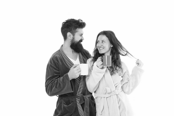 Couple in love. Morning coffee. Happy couple drink coffee. Happy family breakfast. Morning at home. Happy family couple. Time for coffee. Tea time. Couple enjoying wellness weekend. Morning vibes - Photo, Image