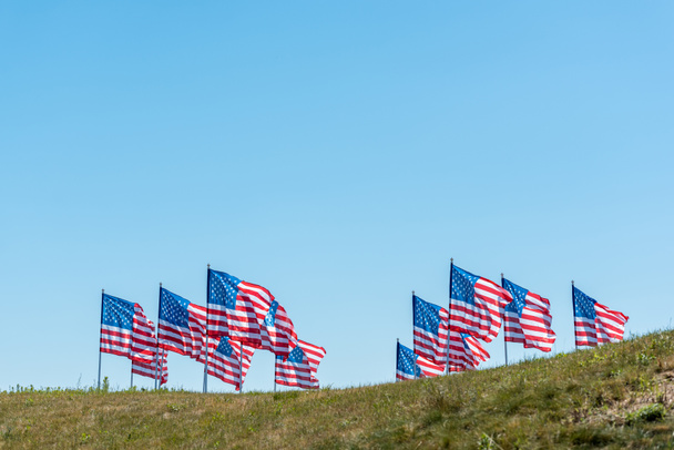 american flags with straws and stripes on green grass against blue sky - Фото, изображение