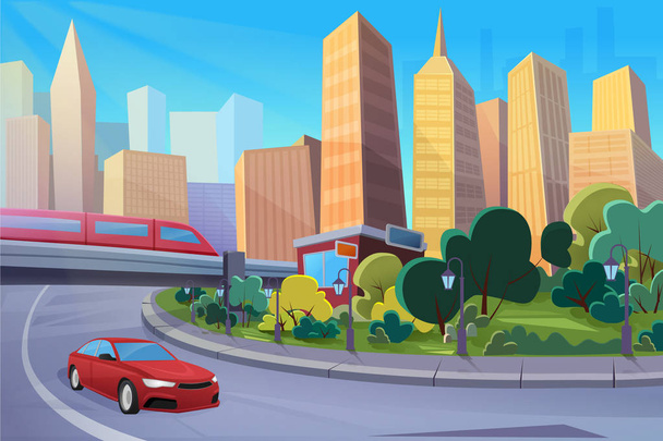 Modern highway, cartoon cityscape flat vector illustration - Vector, Image
