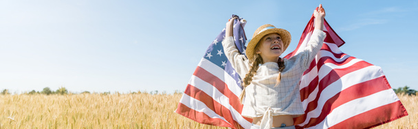 panoramic shot of happy child in straw hat holding american flag in golden field with wheat  - Фото, зображення