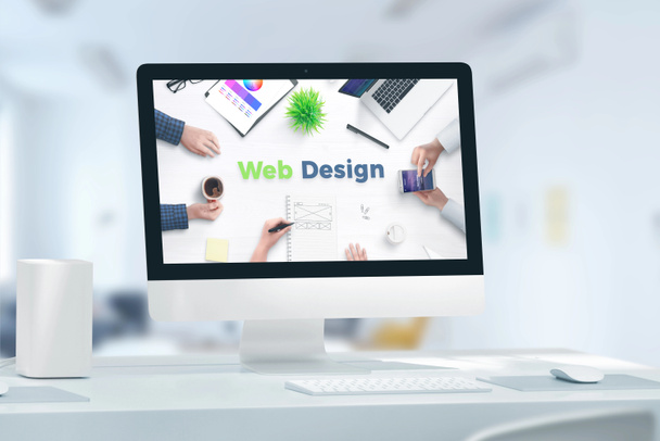 Web, app design stúdió koncepció a számítógép-kijelző és a web design szöveget. A web Team-iroda fogalma. - Fotó, kép