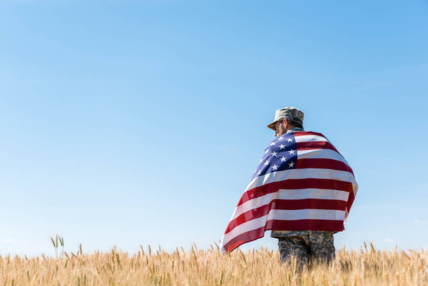 soldado con gorra y uniforme militar con bandera americana en el campo de oro
  - Foto, Imagen