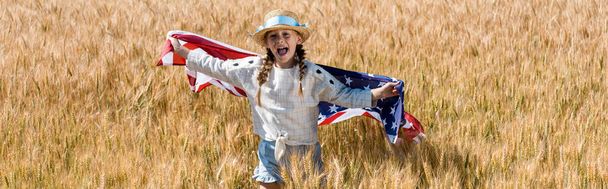 plano panorámico de lindo y feliz niño sosteniendo bandera americana en el campo
  - Foto, Imagen