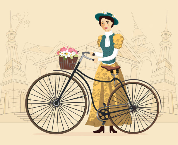 Tyylikäs nainen hattu vintage puku vanha polkupyörän vektori Kuvitus kaupunkikuva
 - Vektori, kuva