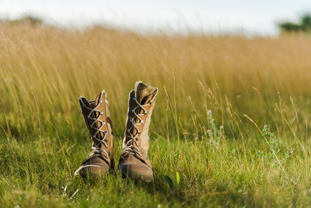 selective focus of military boots on green grass  - Foto, imagen