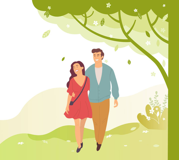 Young People Walk in Green Spring or Summer Park - Vector, Image