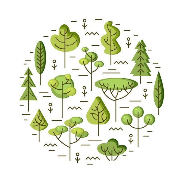 Vector illustration with trees isolated on white background. Ecological concept. Design element for flyer, poster, invitation, Earth day. Flat and line style design. Circle concept. - Vector, Imagen
