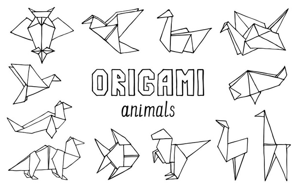 Origami animals hand drawn doodle set - Vector, imagen