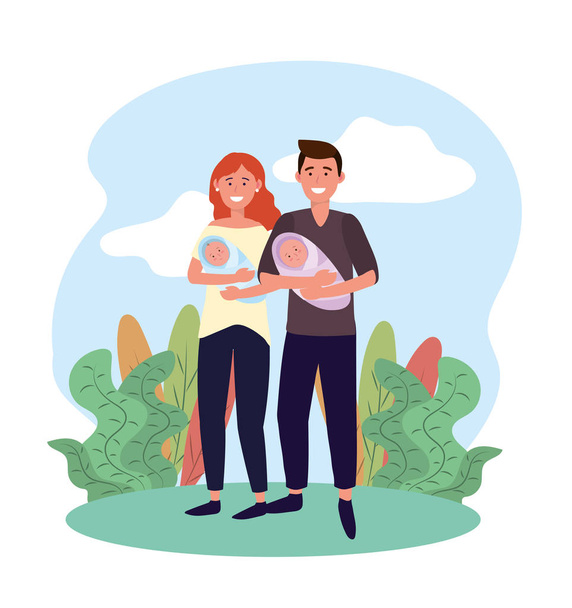 happy woman and man with theirs babies son - Vector, Image