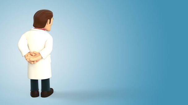 Desenhos animados médico 3d vestido com casaco branco tendo suas costas viradas e olhando para baixo em um fundo gradiente azul renderização 3d
 - Foto, Imagem