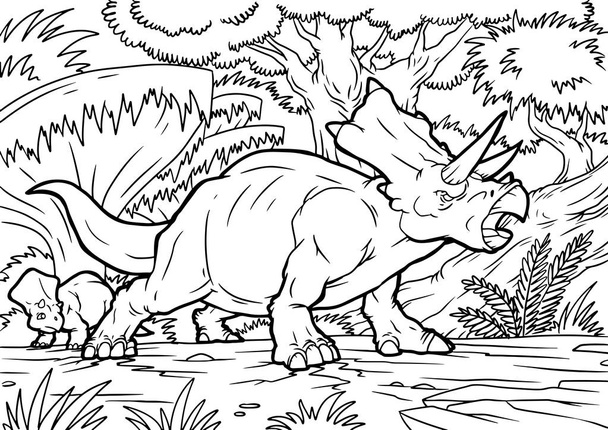 Boyama Kitabı ve Eğitimi Için Tarih Öncesi Dünyada Triceratops Dinozor Sürüngen Türlerinin Karikatür Vektör İllüstrasyon - Vektör, Görsel
