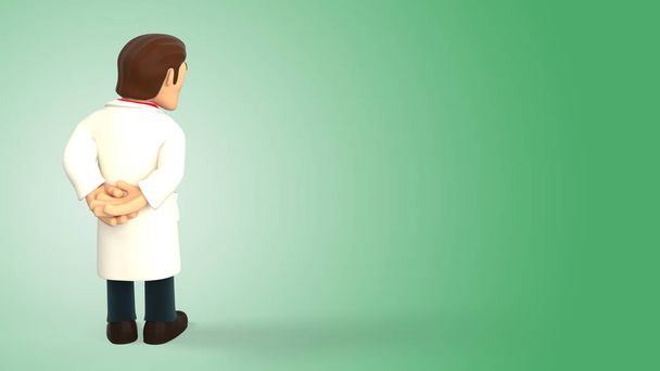 Desenhos animados médico 3d vestido com casaco branco tendo suas costas viradas e olhando para baixo em um fundo gradiente verde renderização 3d
 - Foto, Imagem
