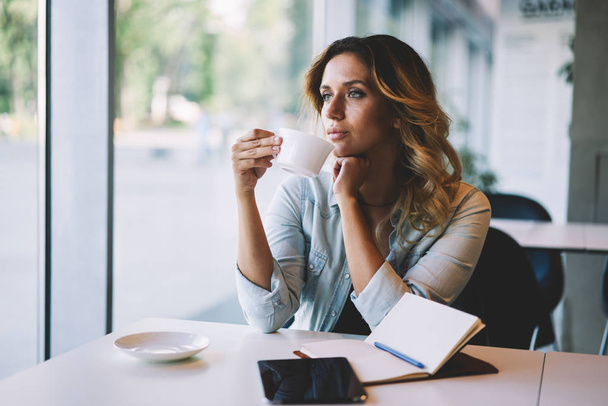 Pensive woman thoughtful looking at cafeteria window during coffee break indoors, contemplative female writer sitting with tea cup and thinking about new ideas for next best seller in literature world - Foto, imagen