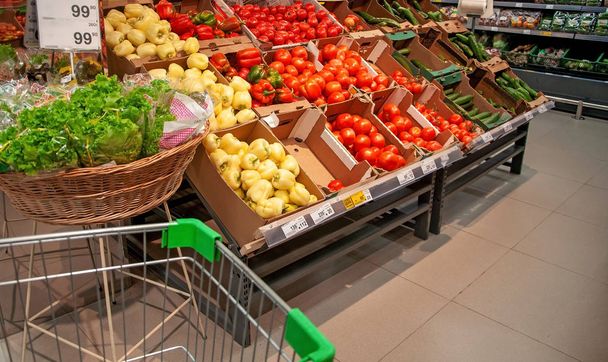 Russia, Supermarket- July 1 2019-Shopping for fruits and vegetables in a supermarket - Photo, Image