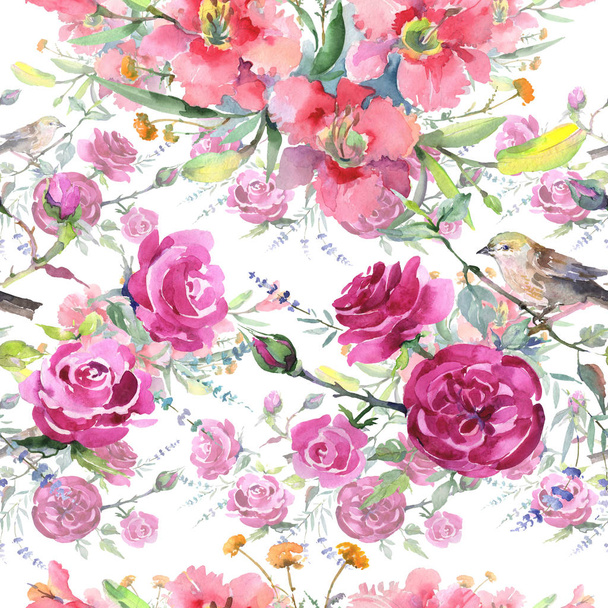 Bouquet floral botanical flowers with bird. Watercolor background illustration set. Seamless background pattern. - Photo, Image