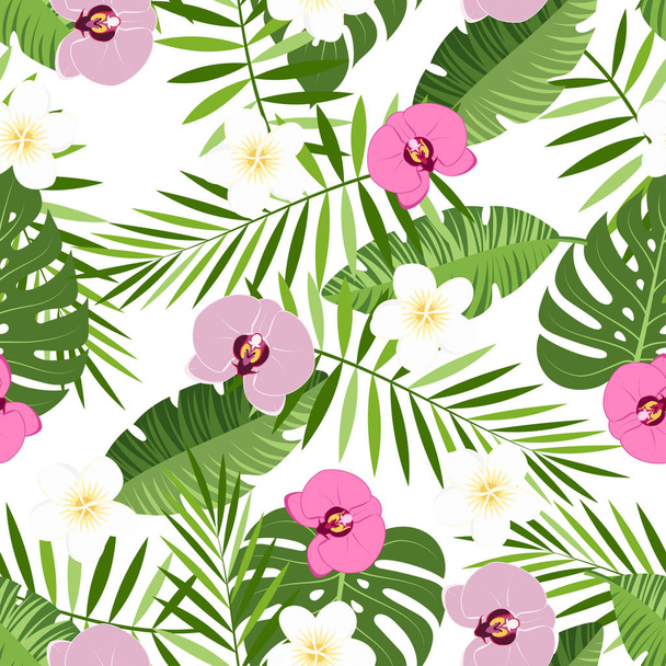 ενιαίο μοτίβο με τροπικά φύλλα και λουλούδια ορχιδέα - Διάνυσμα, εικόνα