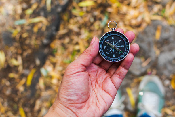 compass in a female hand on a background of nature - Фото, изображение
