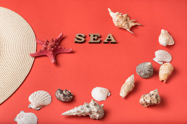 Wortmeer aus Holzbuchstaben. Muscheln, Seesterne und ein Teil eines Hutes. lebende Korallen Hintergrund. Meereskonzept - Foto, Bild