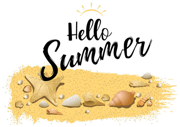 Ciao Summer Design con conchiglie di sabbia e mare Illustrazione colorata isolata su sfondo bianco, vettore
 - Vettoriali, immagini