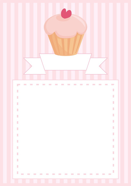 Vector button, restaurant menu, wedding card, list or baby shower invitation with sweet retro cupcake on pink vintage pattern - Vector, Image