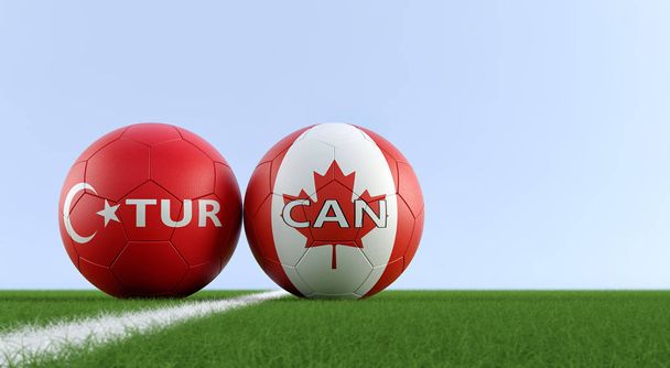 Turkey vs. Canada Soccer Match - Soccer balls in Turkey and Canada national colors on a soccer field. Copy space on the right side - 3D Rendering  - Fotoğraf, Görsel