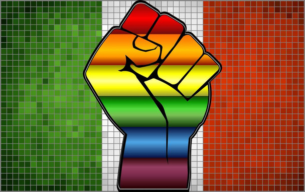 イタリアの旗に光沢のあるLGBT抗議拳 - イラスト、抽象的なモザイクイタリアとゲイの旗 - ベクター画像