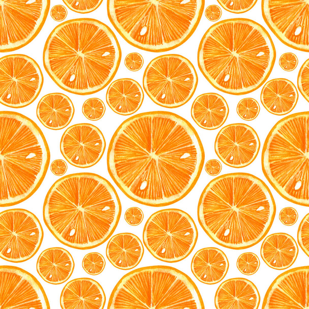 Seamless pattern with orange on white background. Watercolor hand drawn illustration. - Fotoğraf, Görsel