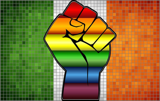 Lesklý LGBT protestní pěst na irské vlajky-ilustrace, abstraktní mozaika Irsko a homosexuální vlajky - Vektor, obrázek