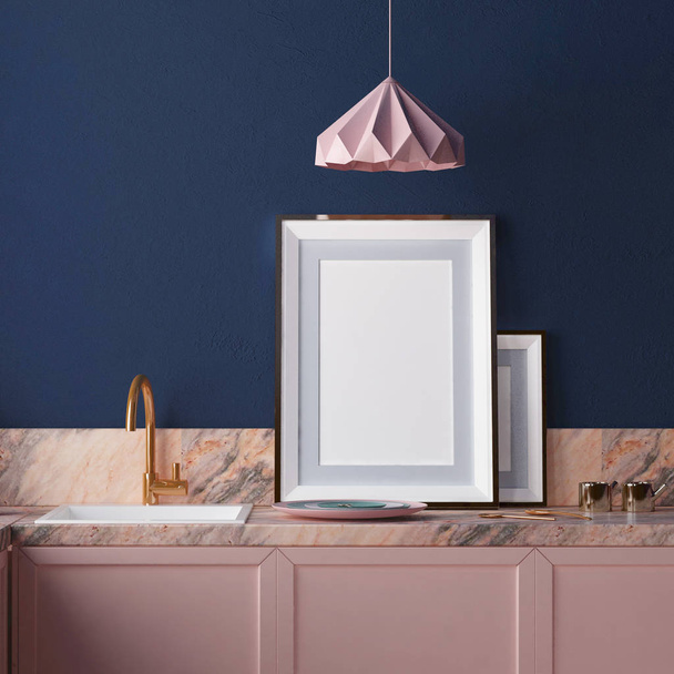 3d rendering of pink modern kitchen interior in Scandinavian style - Photo, Image