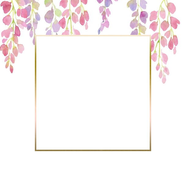 pink and purple wisteria frame,  branches and flowers, watercolor illustration.   - 写真・画像