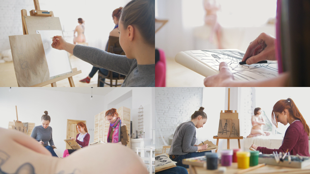 4 в 1: Две женщины-художницы рисуют обнаженную модель в классе яркого рисунка
 - Кадры, видео
