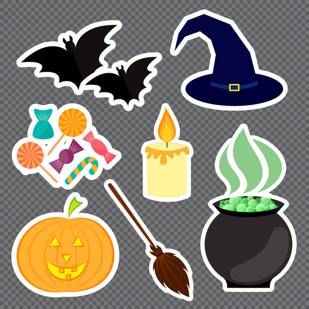 Set of Halloween stickers on transparent background. Vector illustration. - Vektor, Bild