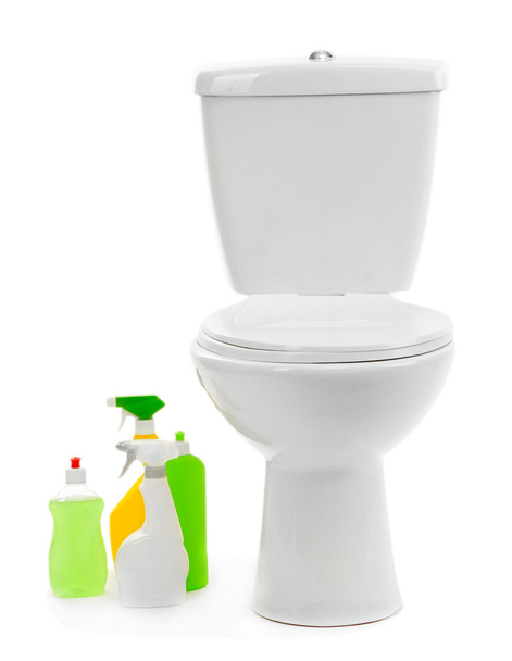 Toilet bowl and cleaning supplies, isolated on white - Foto, immagini