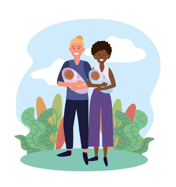 cute woman and man with theirs babies son - Vector, Image