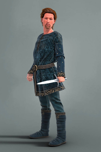 CGI assertive strong medieval man holding a dagger and looking towards the camera - Foto, imagen