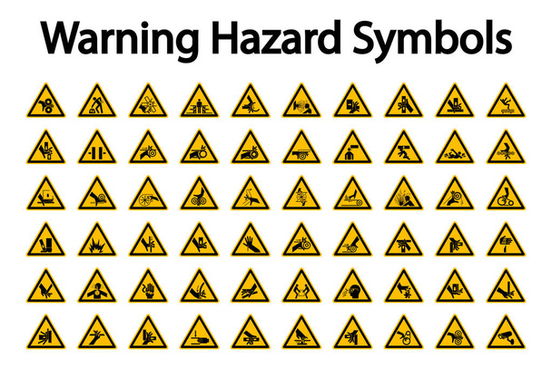 Driehoekige waarschuwing gevaarsymbolen labels op witte achtergrond - Vector, afbeelding
