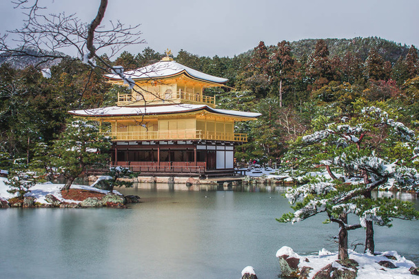 Złoty Pawilon Kinkaku-ji Rozciągacz pokryte białym śniegiem zimą sezonowe w Kioto, Japonia. - Zdjęcie, obraz