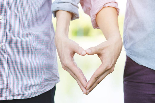 Szczęśliwy homoseksualista homoseksualista mężczyzna młody para kochanek pokaz trzymając ręce zrobić podtrzymujące ręce zrobić serce kształt przez znak i fala w publiczny parki. - Zdjęcie, obraz