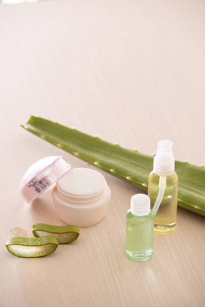 Jar of cream with aloe vera and shower gel or infusion with aloe leave isolated on light background - Photo, Image